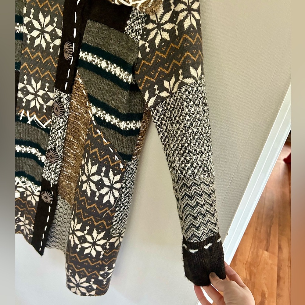 KESSLEY Patchwork Fair Isle Sweater Coat Boho Art Wear Nordic Lagenlook Sz Small - Picture 6 of 16